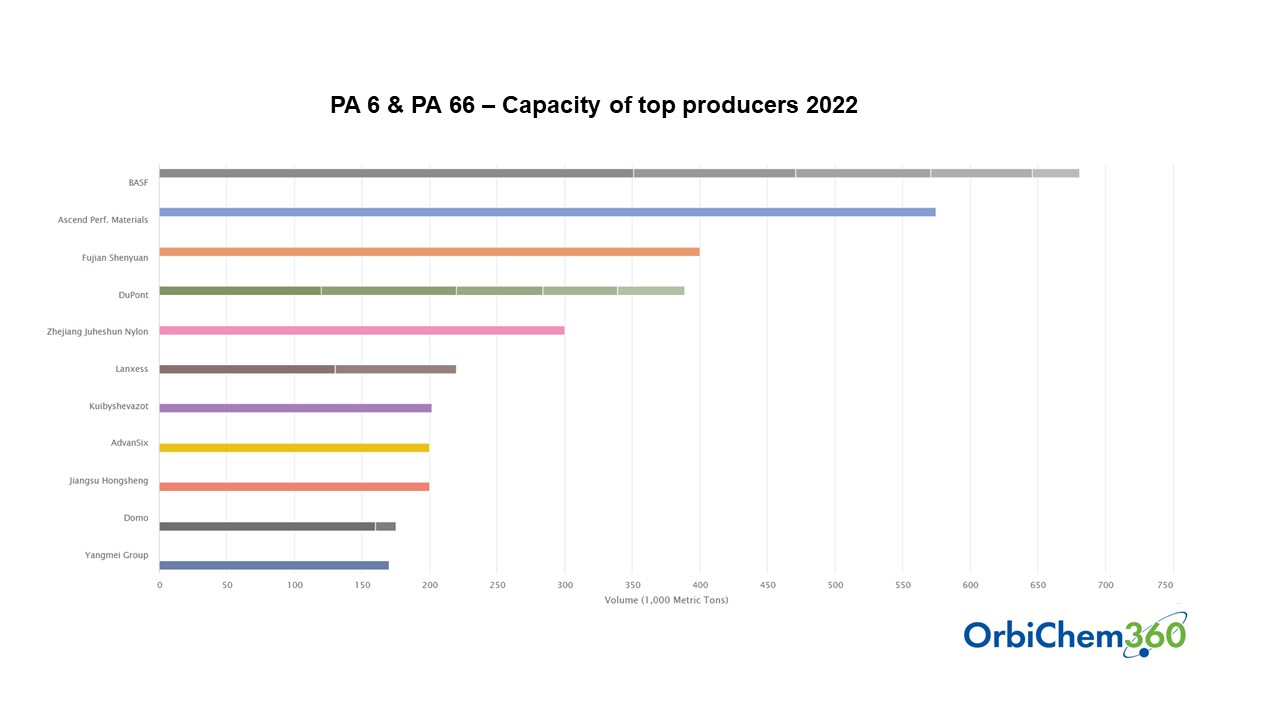 Image shows the capacities of the worlds top producers of polyamide 6 and polyamide 66 in 2022