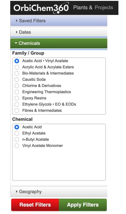 Image shows the chemical family selection tool with Tecnon OrbiChems chemicals business intelligence platform OC360