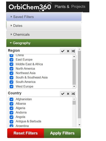 Image shows the geography selection tool within Tecnon OrbiChems chemicals business intelligence platform OC360