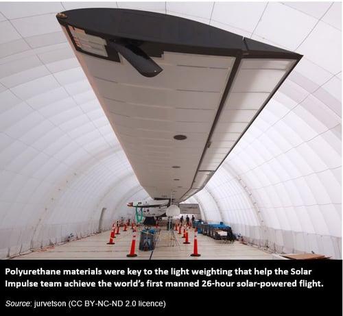 Image shows the wing of the Solar Impulse II, achieved the worlds first manned 26-hour solar-powered flight
