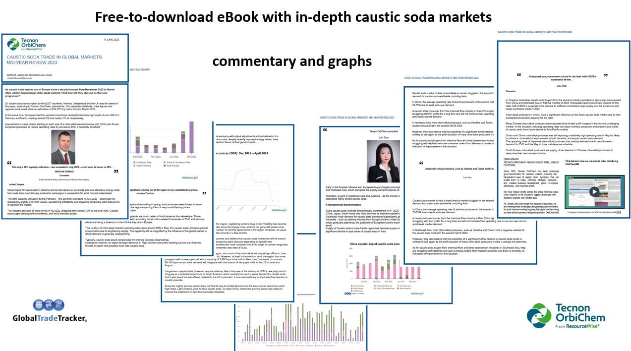 A montage of the pages of an eBook of information and data vital the caustic soda sector.