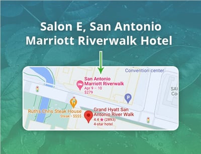 Map shows the proximity of the San Antonio Marriott Riverwalk Hotel to the Grand Hyatt Hotel, AFPM HQ. 