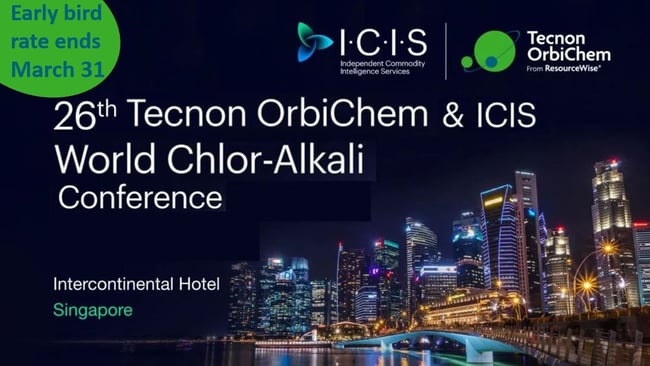the Singapore skyline where Tecnon OrbiChem will host its World Chlor Alkali Conference with partner ICIS.