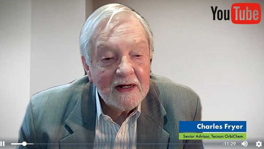 Image shows a screenshot of Tecnon OrbiChem founder Charles Fryer in a YouTube video