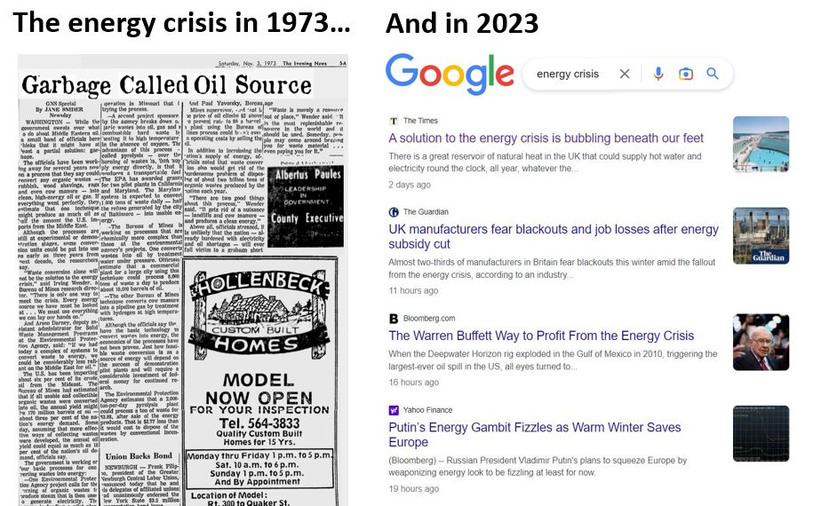 An old newspaper article and a 2023 Google search show energy crises happening 50 years apart.