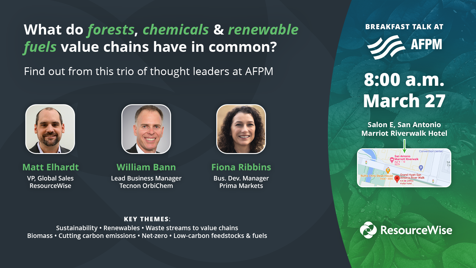 Headshots of the three speakers that will explore low carbon fuels and feedstocks at the AFPM breakfast event.