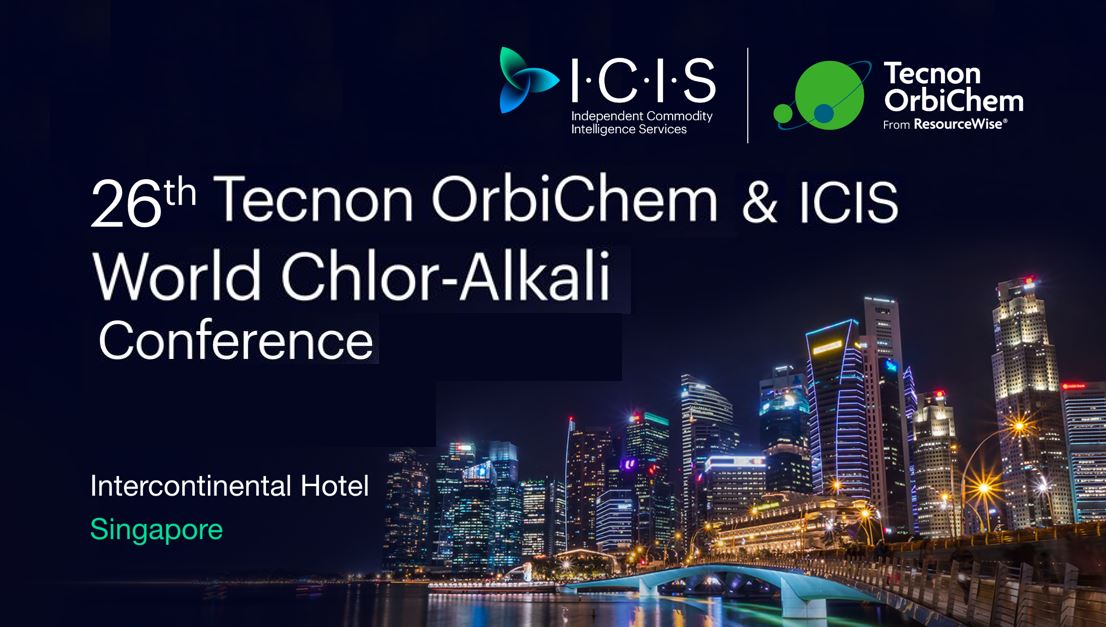 The Singapore skyline at night provides the background for information on the Tecnon OrbiChem conference organsied with partner ICIS. 
