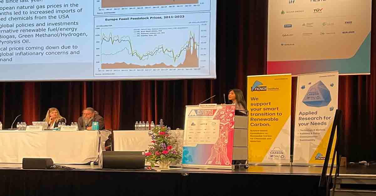 Tecnon OrbiChem biomaterials expert Doris de Guzman presents at the Renewable Materials Conference in Siegburg, Cologne, Germany at the end of May 2023.
